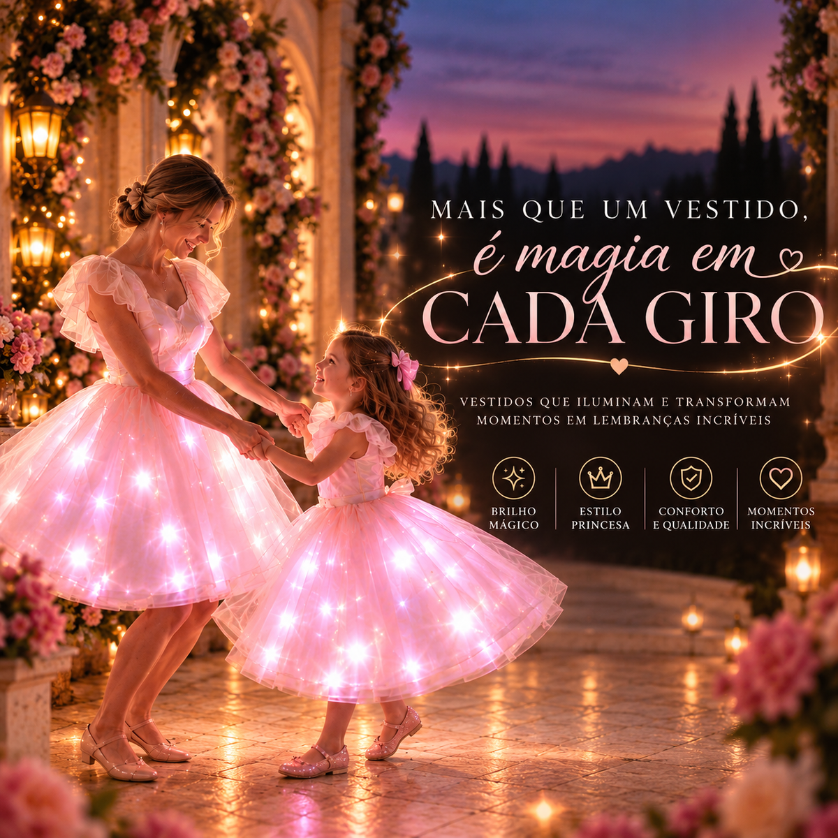 Mãe e filha girando com o vestido Lumina