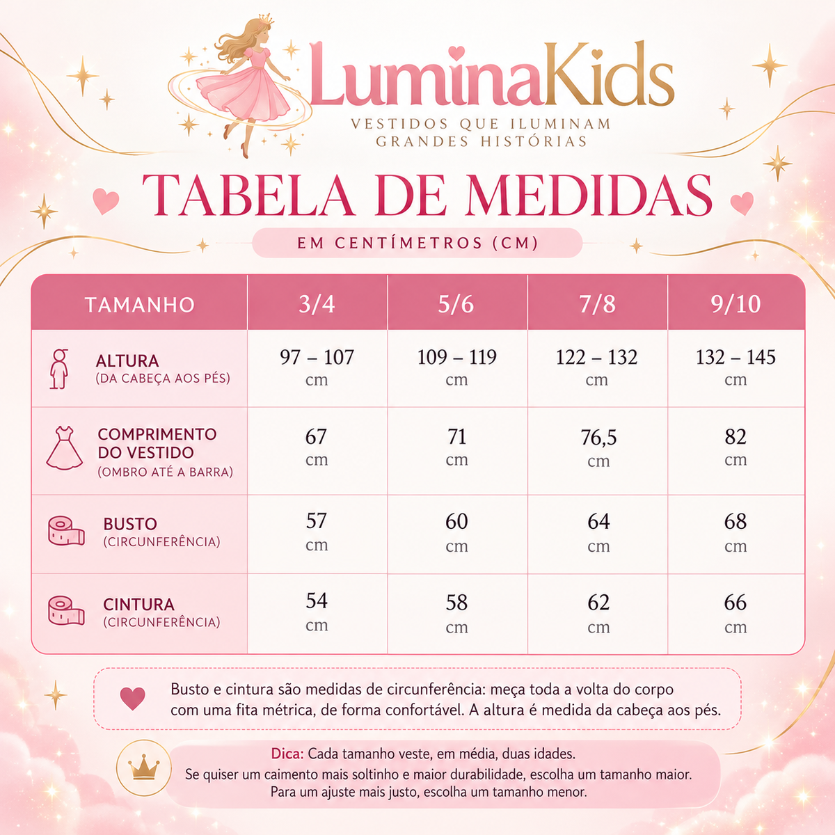 Tabela de medidas Lumina Kids